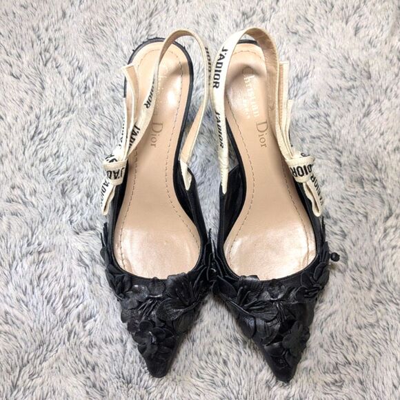 Dior J'Adior Slingback Pumps Bow Black Floral Leather Applique Size 37 - Picture 3 of 13